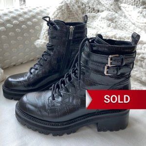 MARC FISHER LTD Barren 2 Lugsole Combat Boots in Black Croc Embossed Size 6